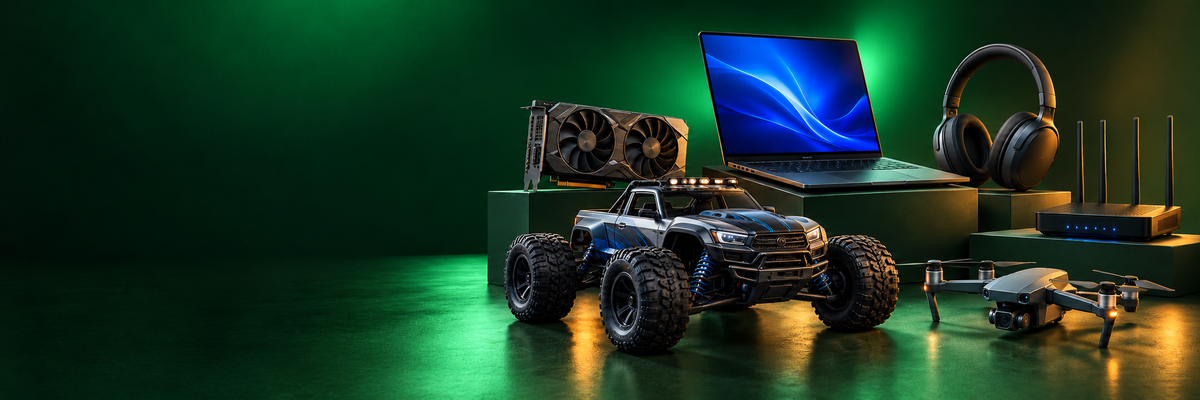 Electronics and RC toys on an emerald-green studio background